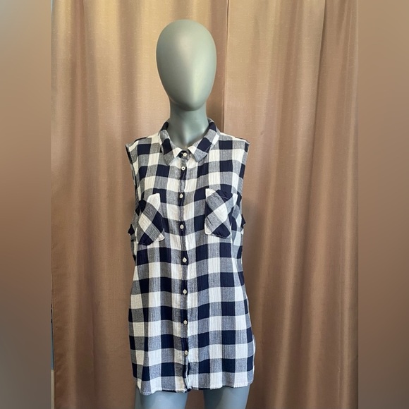 Merona XL Navy & White Collared Sleeveless Button Down Tunic Top GUC Farmhouse - Picture 1 of 7